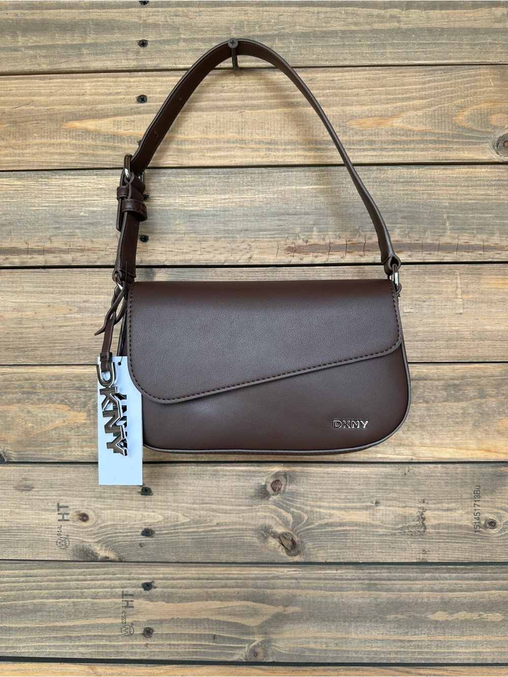 DKNY Chocolate Brown Leather Shoulder Bag with Logo Charm